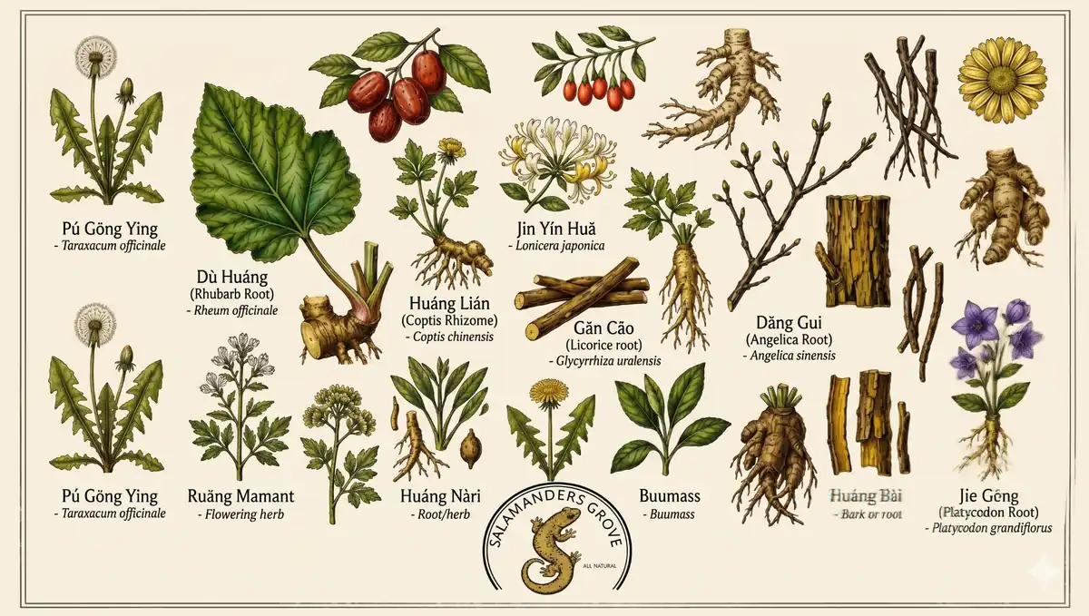 Vintage botanical chart with labeled herbs and roots