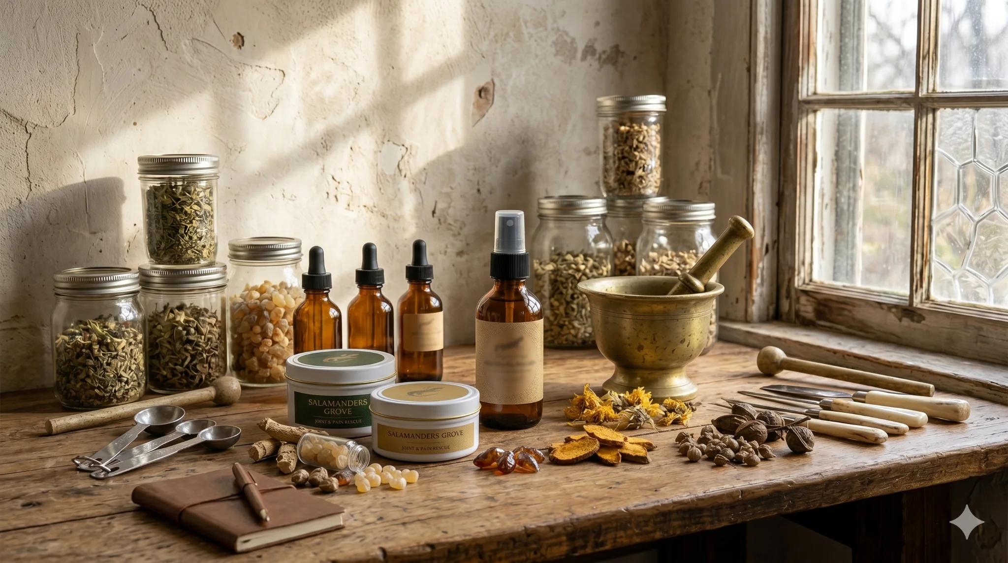 Organized herbal apothecary workspace with dried herbs, jars, and preparation tools