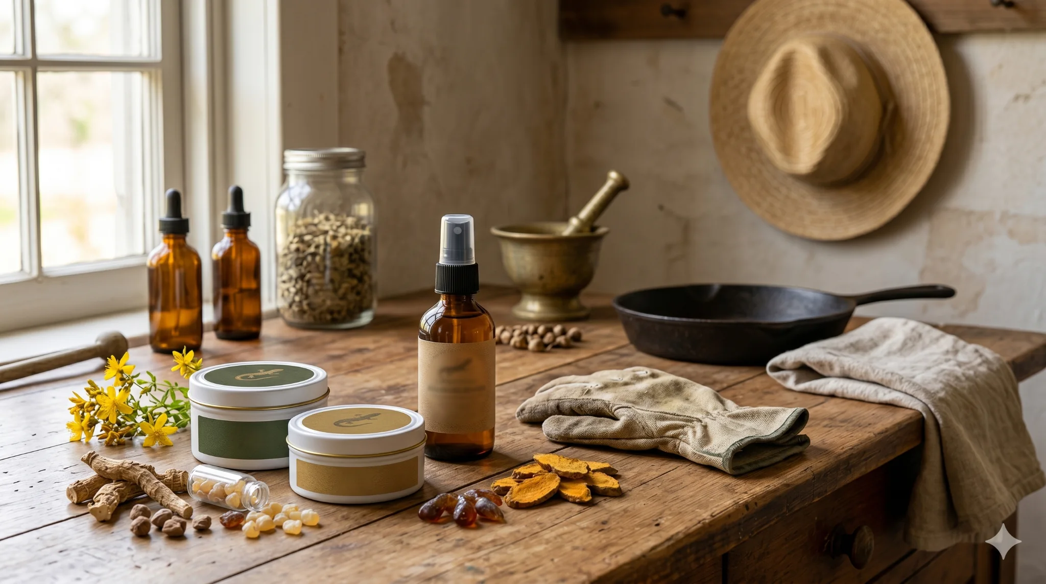Small-batch herbal products on a rustic counter with everyday household items