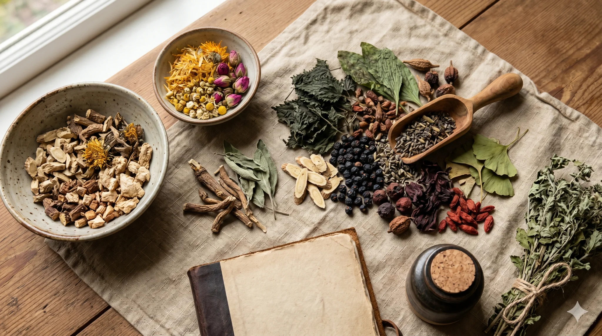 Dried herbs, roots, flowers, and apothecary tools arranged on a natural surface